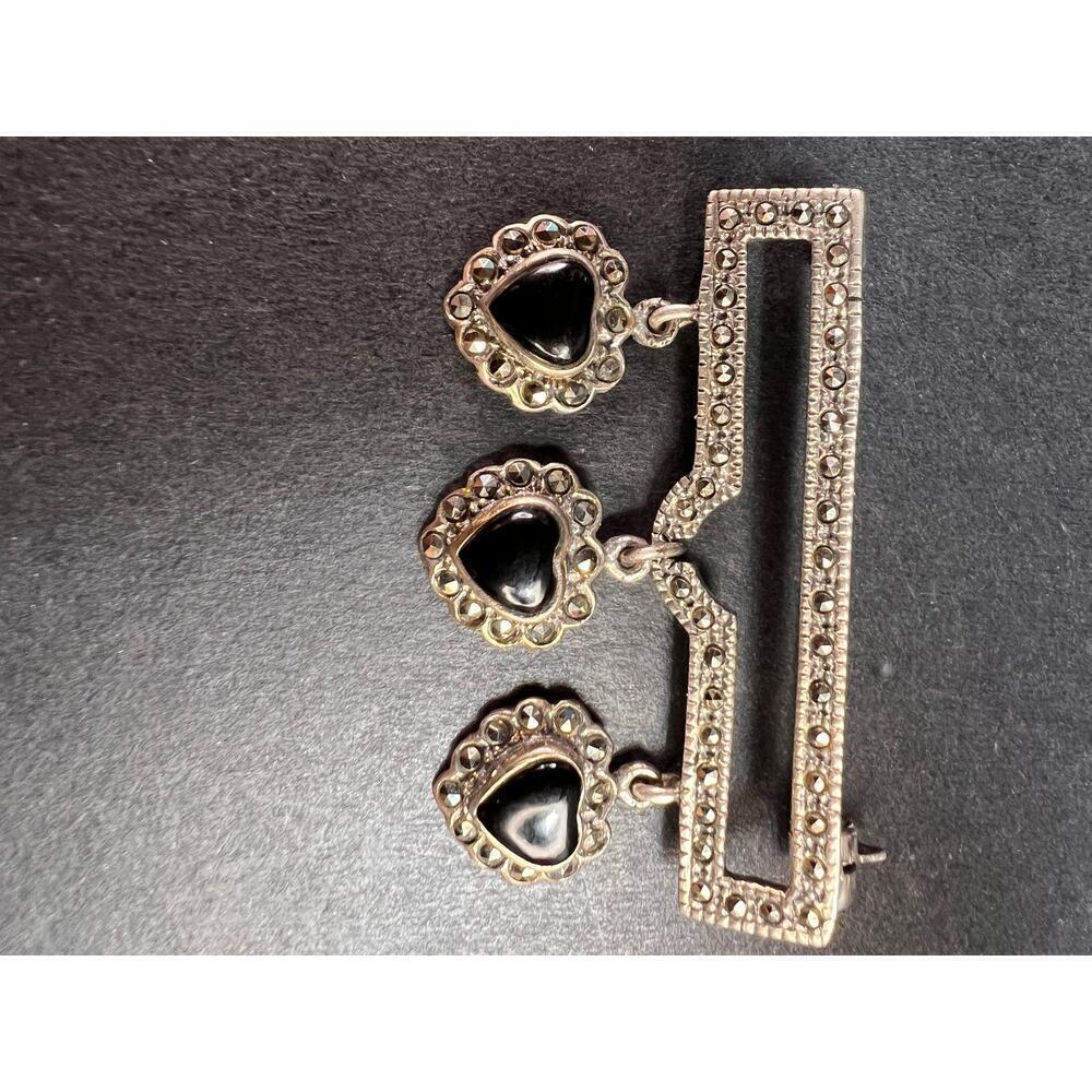 Vintage black onyx hearts and marcasite sterling silver pin brooch - Picture 9 of 11